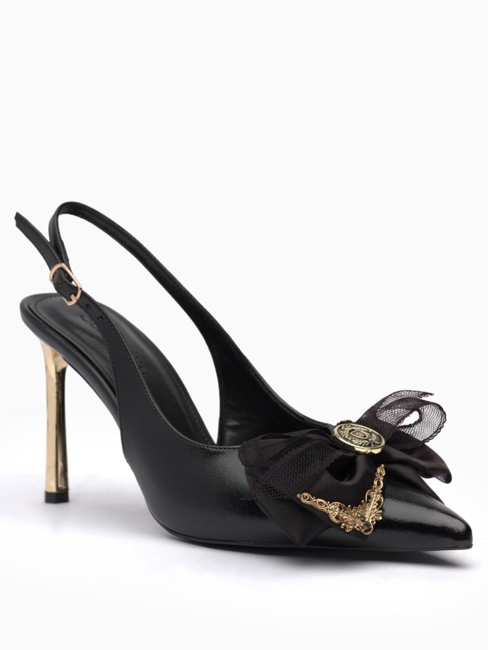 Black Leather Slingback Pumps with Bow and Gold Blade Heel – Evening Occasion We